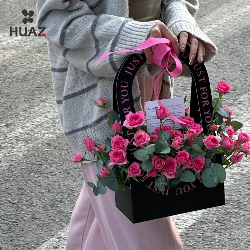 烫金英文花盒鲜花手提盒插花盒材料包送闺蜜女友折叠包装盒花艺