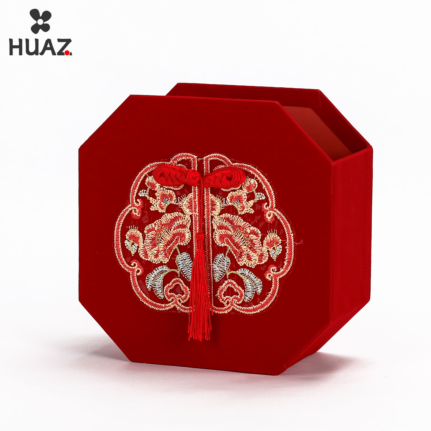 国风八角福桶中式刺绣红色插花盒