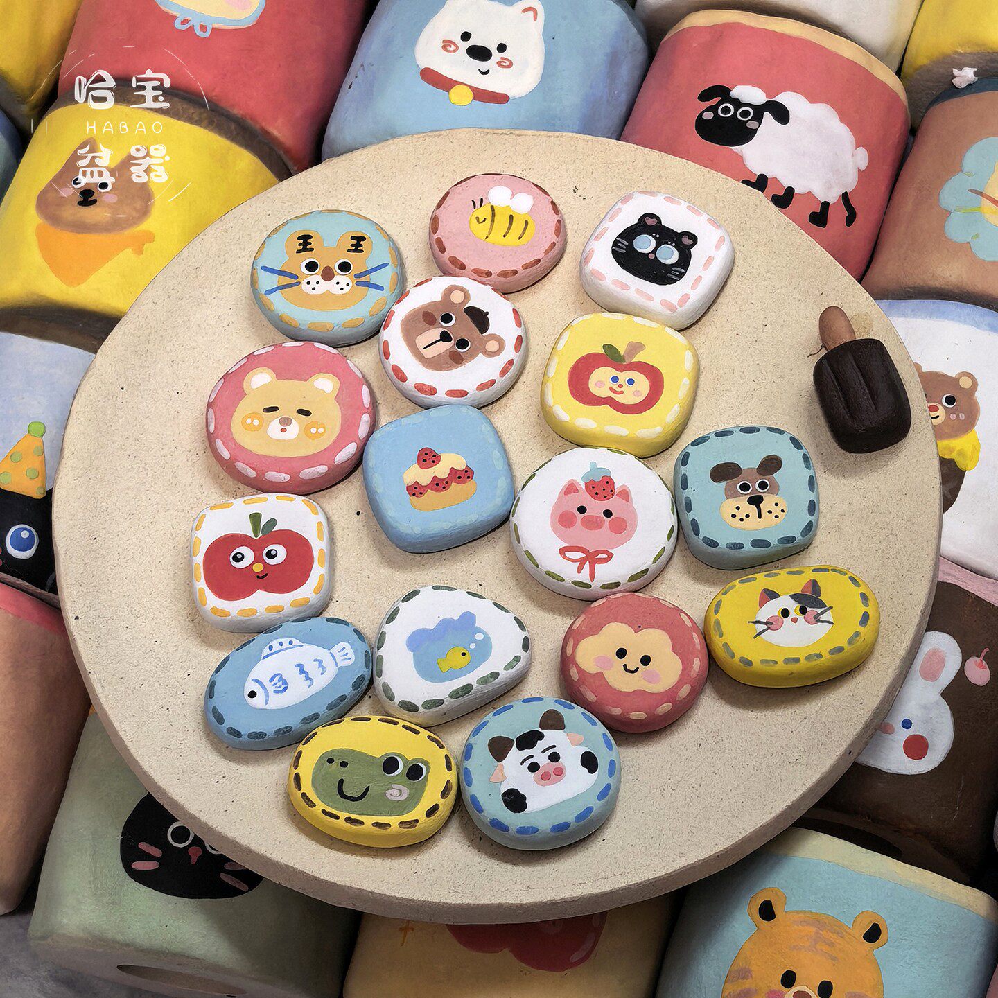 哈宝丨手绘压盆石摆件可爱卡通多肉植物盆景装饰创意一物一拍