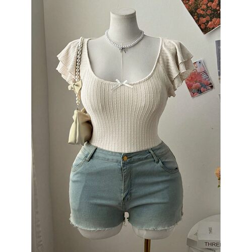 New women's fashion low-neck lace-sleeve bow-tie decoration