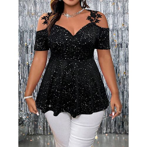 Plus Size Glitter Peplum Top Cold-Shoulder Stretchy Party Bl
