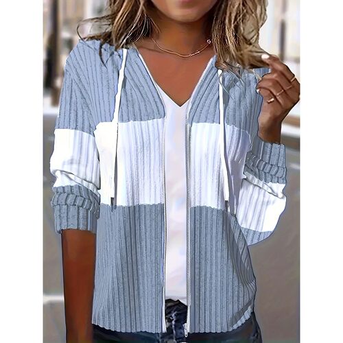 Women's Casual Color Block Hoodie Drawstring Zipper Jacket S