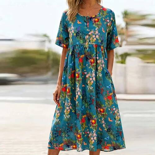 Plus-Size Women's Printed Dress, Round Neck, Short Sleeves,