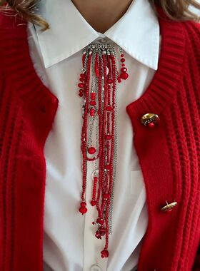 Gothic Layered Beaded Tassel Safety Pin Brooch Black/Red Lap