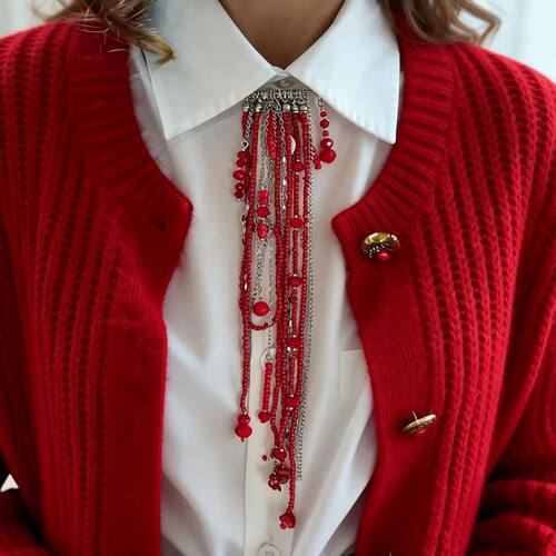 Gothic Layered Beaded Tassel Safety Pin Brooch Black/Red Lap