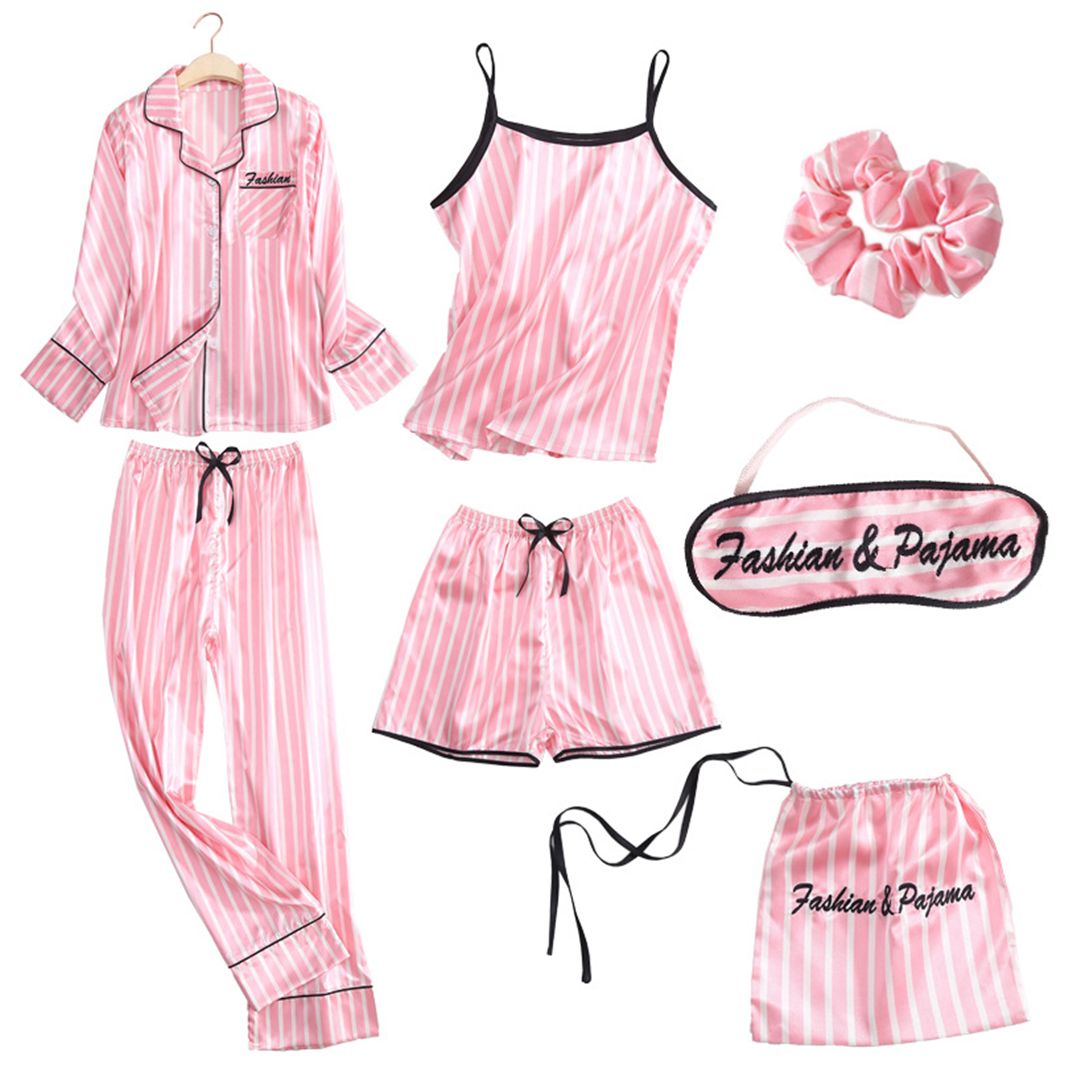 Lingering Warmth Women's 7 Pieces Pajamas Sets Faux Silk Str