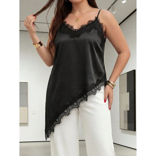 Women's Plus Size Black Lace Trim Stretch Silky Camisole Tan