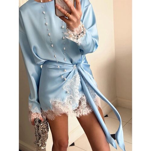 Satin Lace Patchwork Dress Women Casual Long Sleeve O-neck C