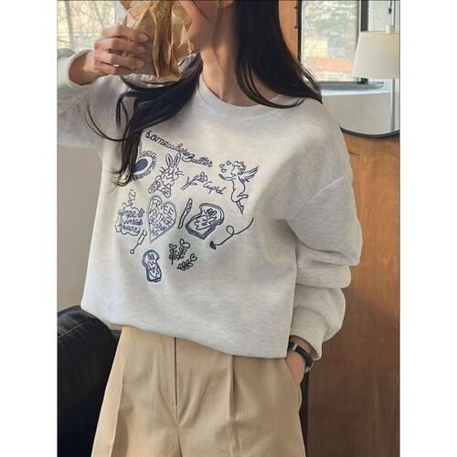 Women Casual Long Sleeve Pullover Top Fashion Lightgrey Hear