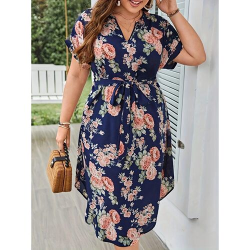 Plus Size Summer Women Elegant Dress Vacation Vintage Floral