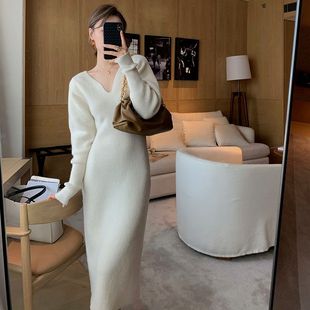 Elegant Long White Knitting Dress Women Winter V-Neck Long S