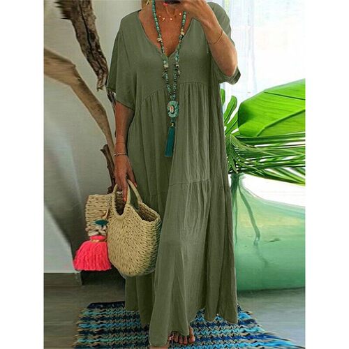 Plus Size 2025 Summer New V-neck Short Sleeve Pleated Solid