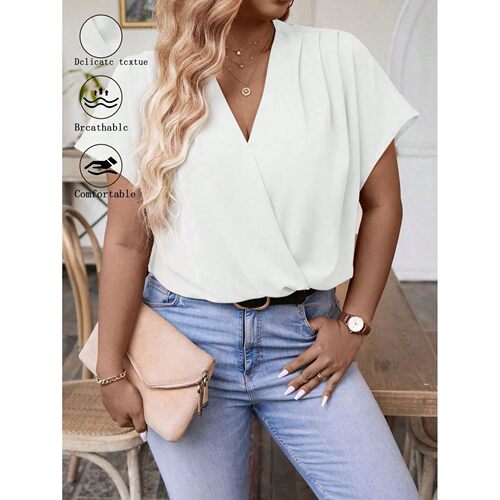 [Plus Size] Solid-Color V-Neck Shirt, Summer Casual Short-Sl