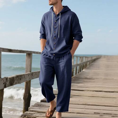 New Spring and Autumn style loose men's hoodie set, linen ma