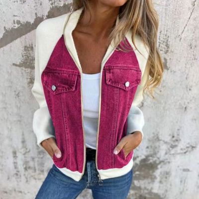 Autumn Winter Women Denim Jacket Fashion Color Block Casual