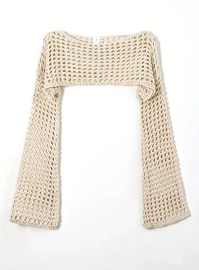 Women Crochet Knit Hollow Out Crop Top Long Sleeve Shrug Swe