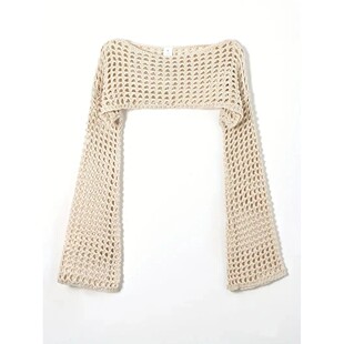 Women Crochet Knit Hollow Out Crop Top Long Sleeve Shrug Swe