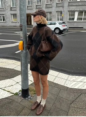 Brown Vintage Argyle Plaid Knitted Dress Sets Women Causal T