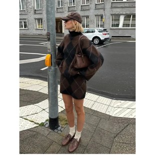 Plaid Knitted Causal Vintage Women Argyle Sets Brown Dress