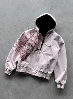 Harajuku Plum Tree Embroidered Oversized Pink Zipper Hoodies