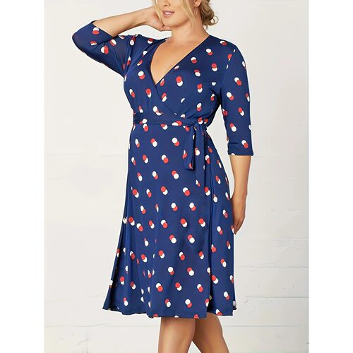 Women's Polka Dot Wrap Dress - V Neck 3/4 Sleeve Tie Waist K
