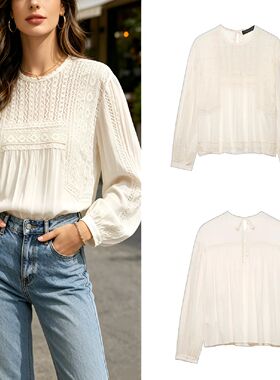 2026 Elegant Embroidered Shirt Women Loose Fit Long Sleeve O