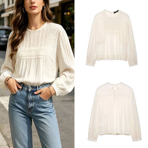 2026 Elegant Embroidered Shirt Women Loose Fit Long Sleeve O