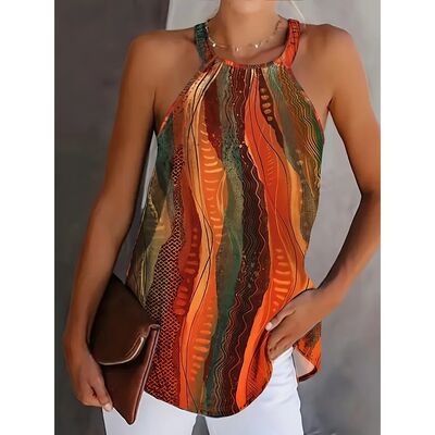 Plus Size 1XL-5XL Women's Print Halter Neck Vintage Sleevele