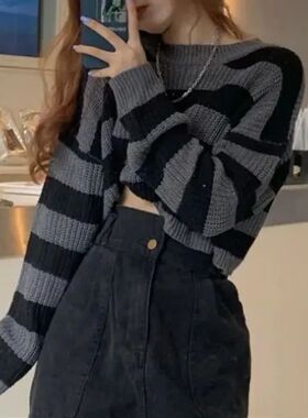 Korean Style Striped Cropped Sweater Women Vintage Oversize