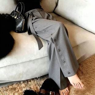 排扣绑带西装裤女2026夏季流行新款高腰气质百搭休闲直筒阔腿裤子