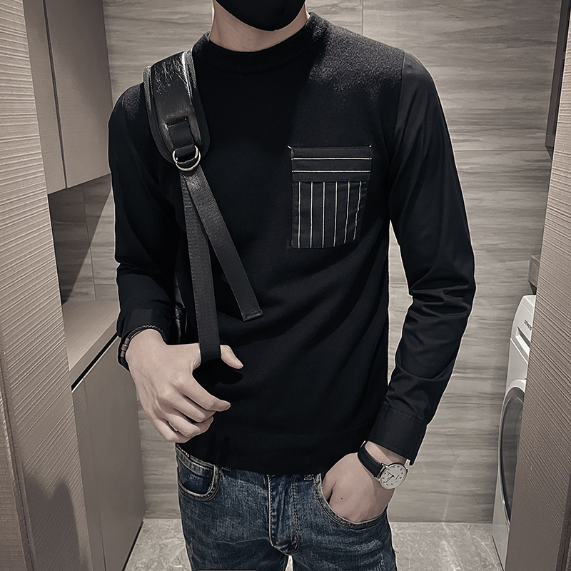 秋季假两件条纹胸兜社会店主风针织衫毛衣2C301-ME203-P58控78，男装针织衫/毛衣，电商C301