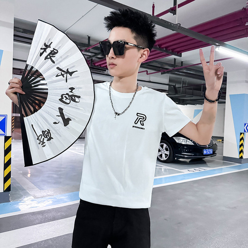2025夏社会小伙字母刺绣短袖T恤男修身T1XZ403-1-T8038-P38限58,男装T恤,电商C301