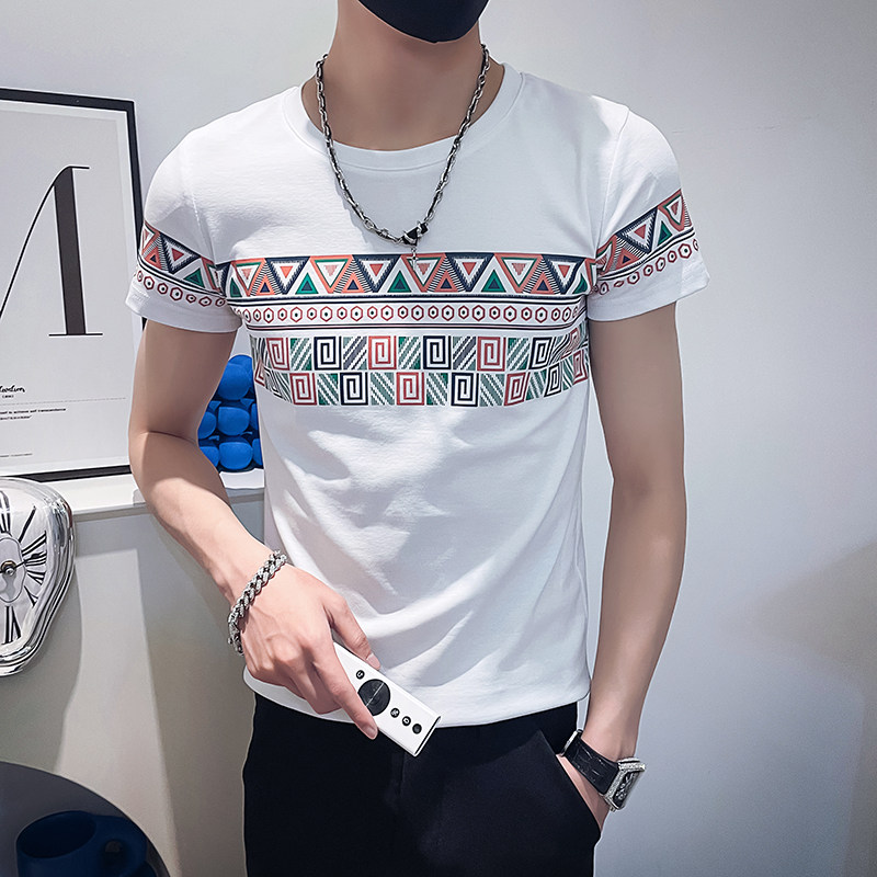 2025社会小伙拼接印花短袖T恤男修身T1XZ403-1-T5006-P38限58,男装T恤,电商C301