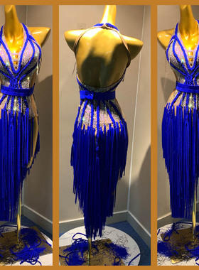 新款舞蹈服成人恰恰拉丁舞演出服定制专业高端伦巴宝蓝色比赛裙