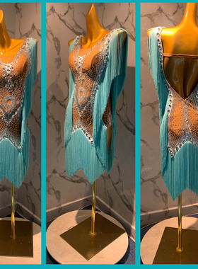 推荐露露新款舞蹈服定制恰恰拉丁舞演出服浅蓝色高端伦巴比赛裙