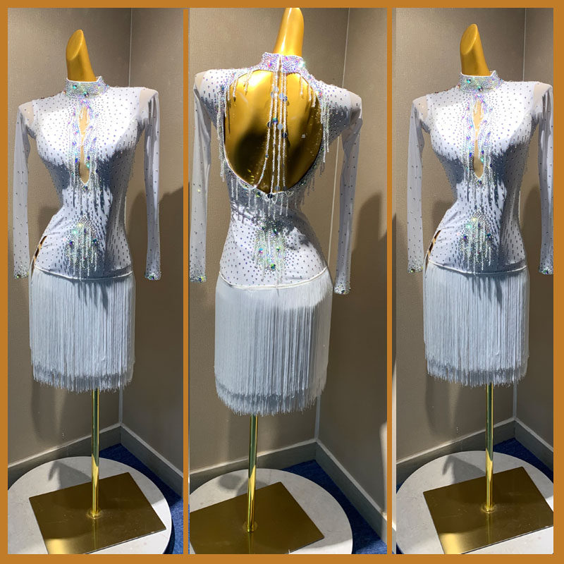 新款舞蹈服成人恰恰拉丁舞演出服定制专业高端伦巴白色比赛裙