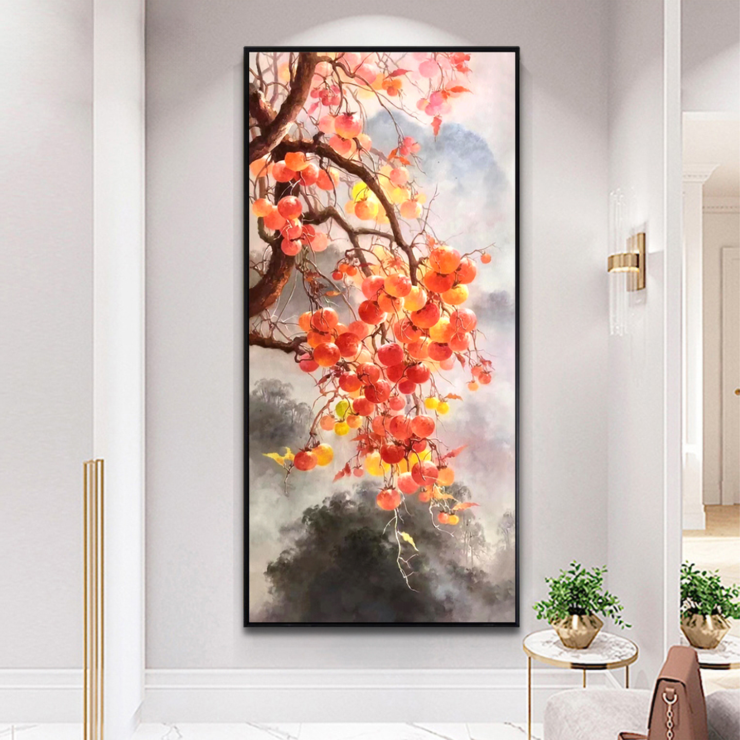 事事如意手绘玄关新中式柿子油画