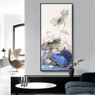挂画 荷花油画手绘新中式 现代简约客厅装 饰画大型竖版 好事连连