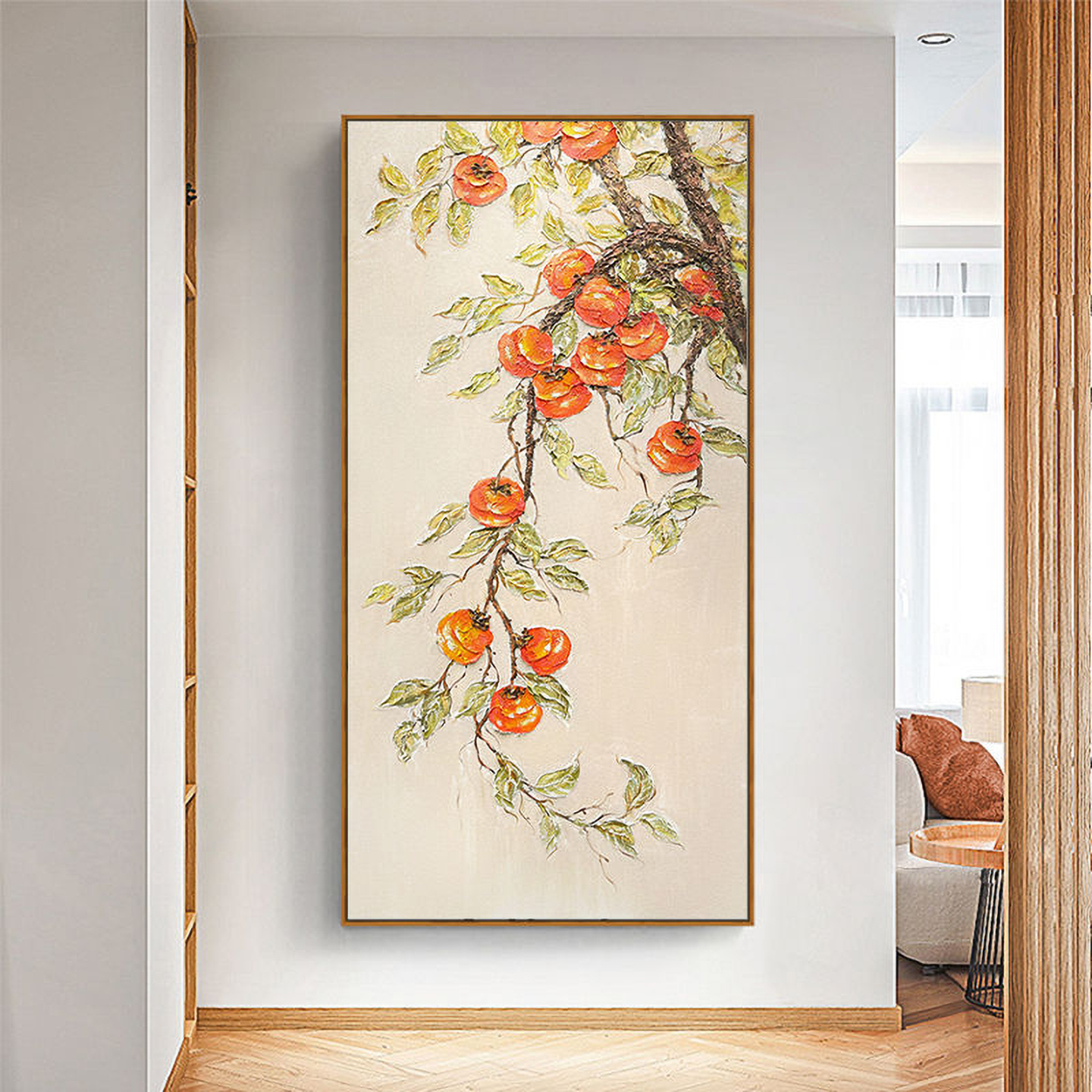 事事如意玄关手绘油画立体柿子肌理画新中式客厅装饰画大幅挂画图片