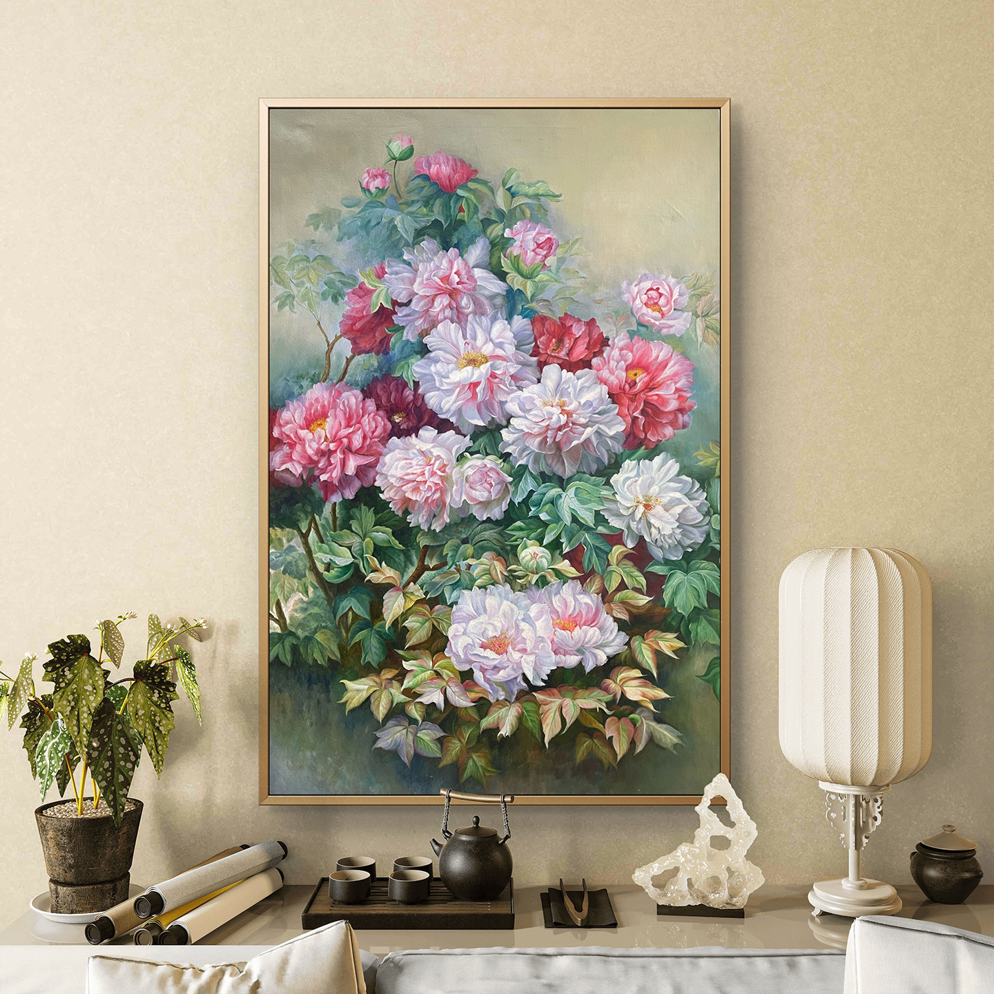 2025手绘油画富贵牡丹花餐厅装饰画玄关挂画新中式客厅花卉高端