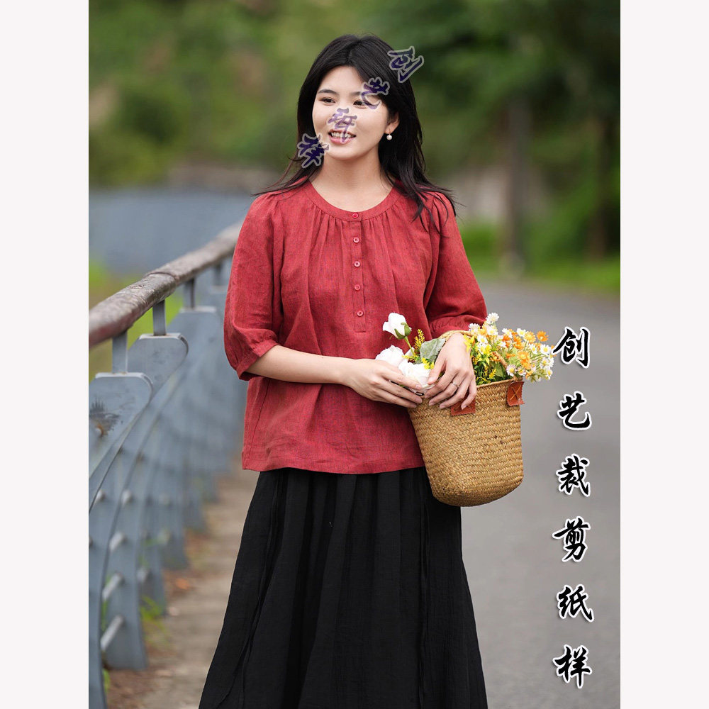 裁缝缝纫图N201宽松文艺亚麻T恤半开门襟圆领棉麻衬衫女夏季纸样