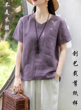 缝纫做衣服F04亚麻T恤小衫女宽松显瘦短袖棉麻上衣夏新款裁剪纸样