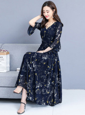 春夏装新款CX11女装喇叭袖长裙大摆雪纺连衣裙纸样版纸图做衣服