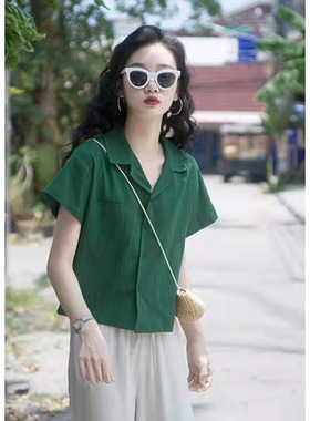 纸样短袖C208衬衫女夏季新款复古短款棉麻上衣衬衣做衣服的样板纸