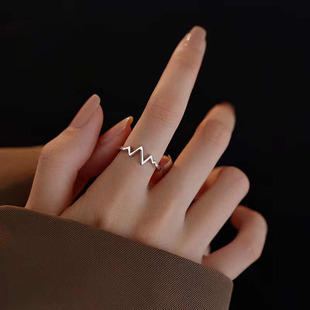 时尚简约线条心电图戒指开口可调节气质百搭尾戒韩版可爱女款