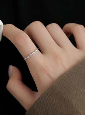 s925银闪钻戒指小众级感食指戒尾戒女轻奢素圈开口戒简约调节镶嵌