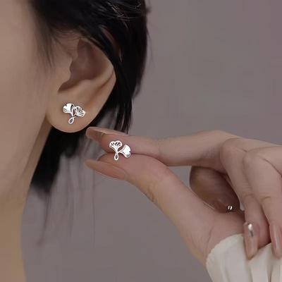 S999纯银杏叶耳钉养耳洞耳环螺丝拧扣防掉睡觉免摘百搭防过敏耳饰