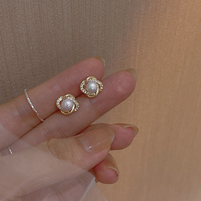 925银针法式花朵珍珠耳钉女轻耳钉