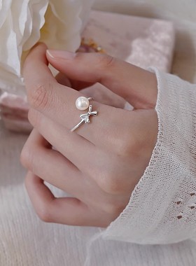 925镀银蝴蝶结珠戒指女2025新款爆款设计食指戒温柔时尚甜美指环