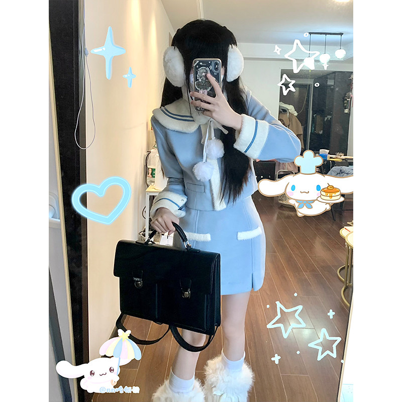 奶味蓝毛呢套装女秋冬名媛风可爱套装外套显瘦半身裙